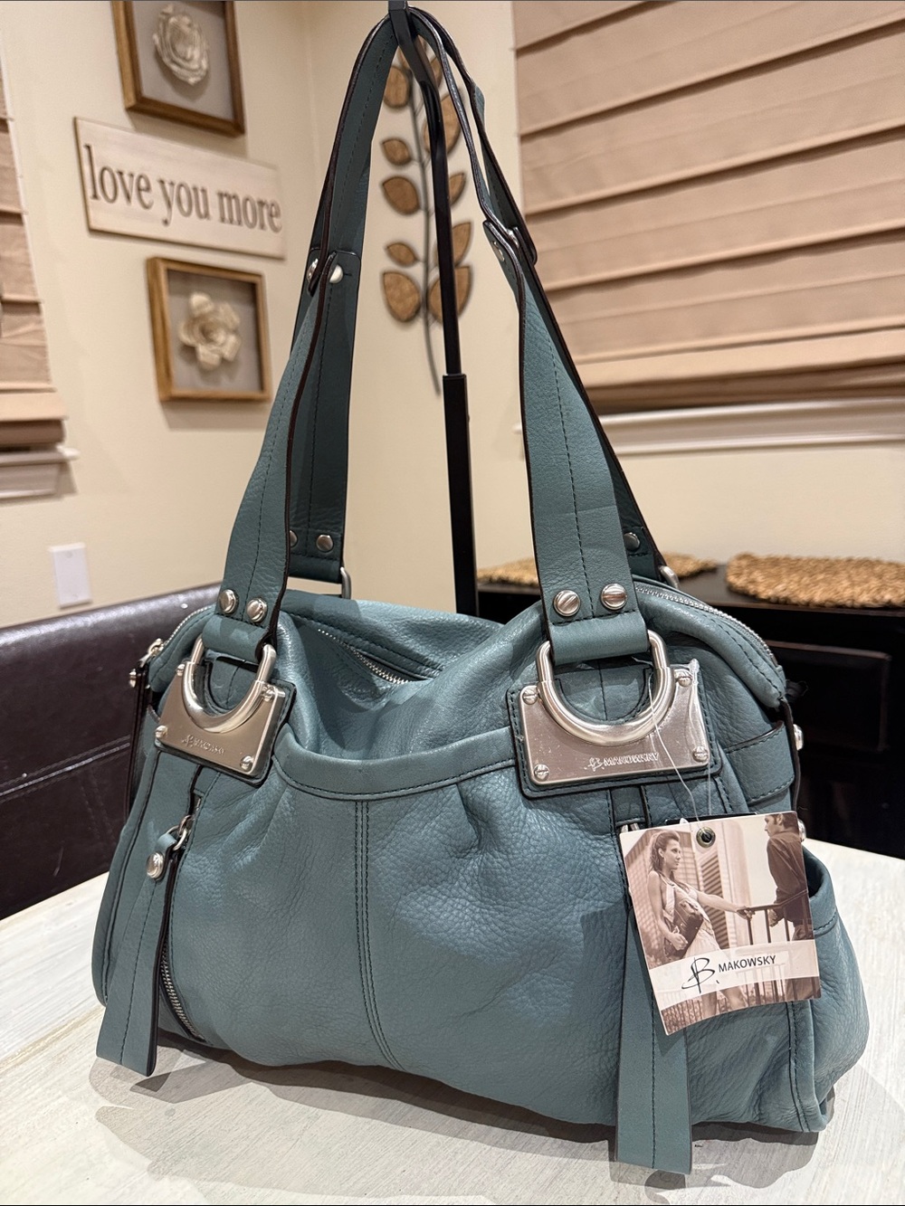 Vintage Y2K b. makowsky Teal Pebbled Leather Shoulder Bag with Silver Hardware